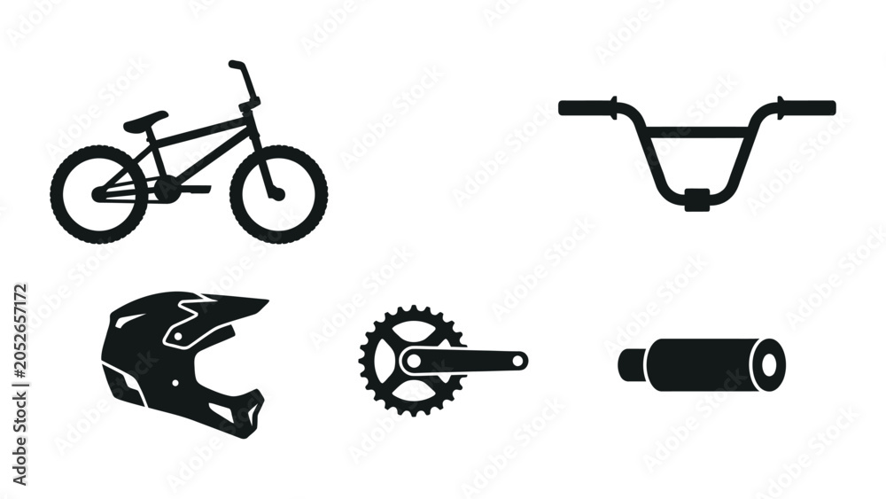 Naklejka premium Set of BMX bike icons and extreme cycling equipment symbols.