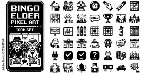 Bild auf Leinwand Elderly Bingo Pixel Art Black White-Dauber Card Community Game Retro-Senior Recr