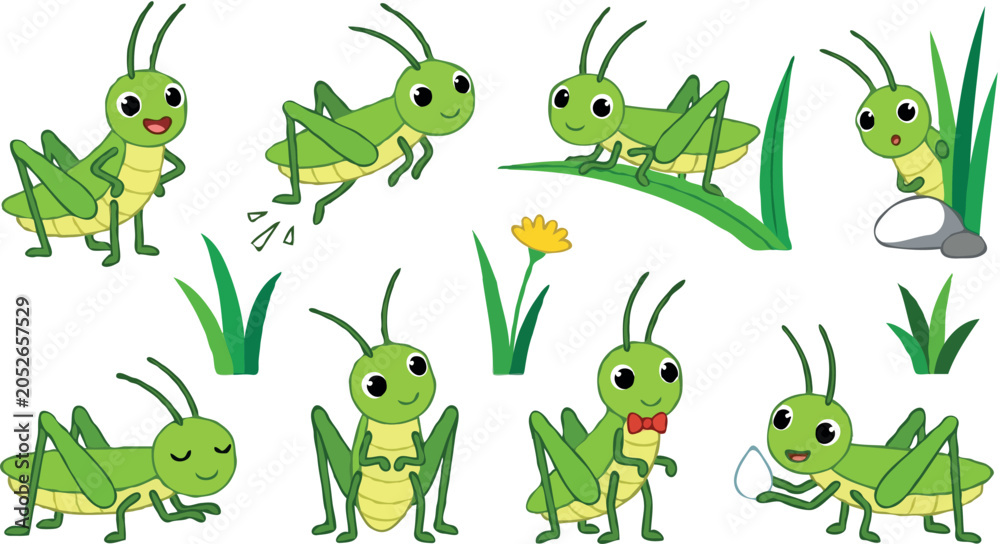 Naklejka premium Cute grasshopper cartoon character vector set featuring funny green crickets in various playful poses with grass and flower accents on white background