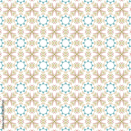 Elegant gold and blue geometric flower mosaic seamless pattern.