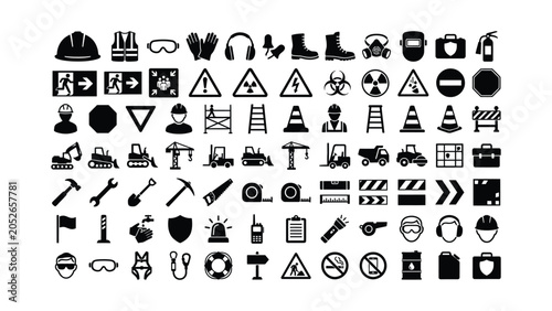 Comprehensive collection of black construction and industrial safety icon set.