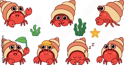 Canvastavla Cute hermit crab cartoon character vector set featuring funny marine crustaceans