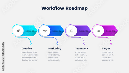 Four Step Horizontal Workflow Roadmap Infographic with Arrow Ribbons for Business Process and Project Planning