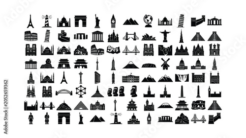 Collection of global landmark and famous monument silhouettes.