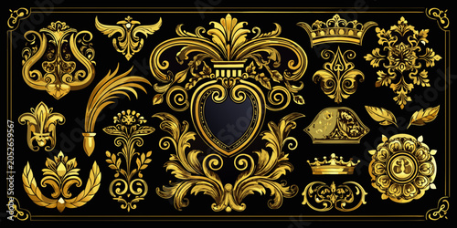 Ornate golden heraldic and baroque design elements set, vector