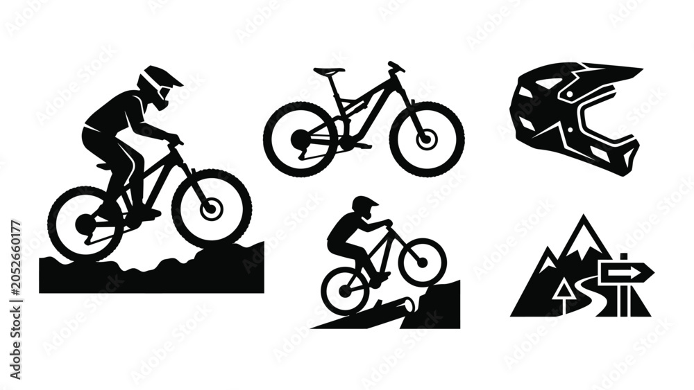 Fototapeta premium Set of Mountain Biking and Cycling Silhouette Icons.