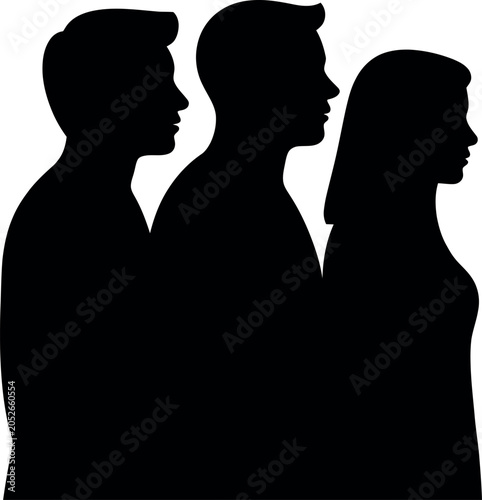 Silhouettes of four people in profile against a dark background
