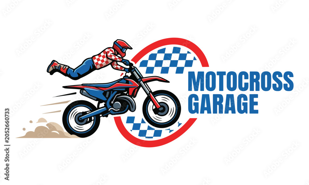 Obraz premium Motocross Garage Logo with Freestyle Dirt Bike Rider Stunt