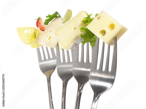 Food - Various Cheese on Forks - White Background