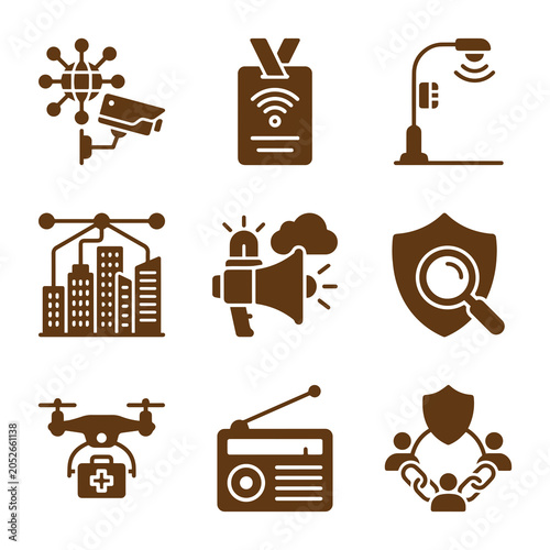 Konstfotografi Security And Communication Icons Brown Flat Vector Illustrations On White Backgr