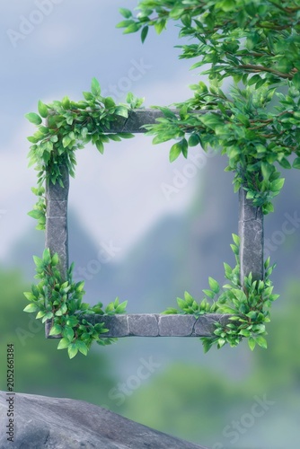 an icon of a square stone frame with glowing lights wrapped around it, leaves and branches on the edges.