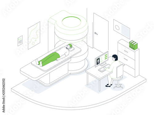 Medical MRI Scan Room - Line Isometric Illustration