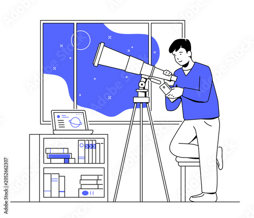 Night Sky Observation - Line Design Illustration