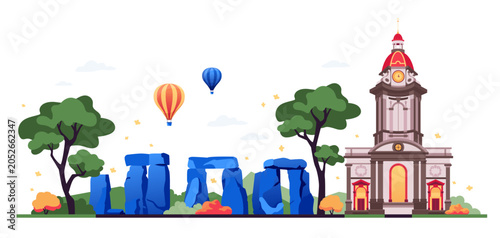 Birmingham Cathedral and Stonehenge - Flat Design Illustration