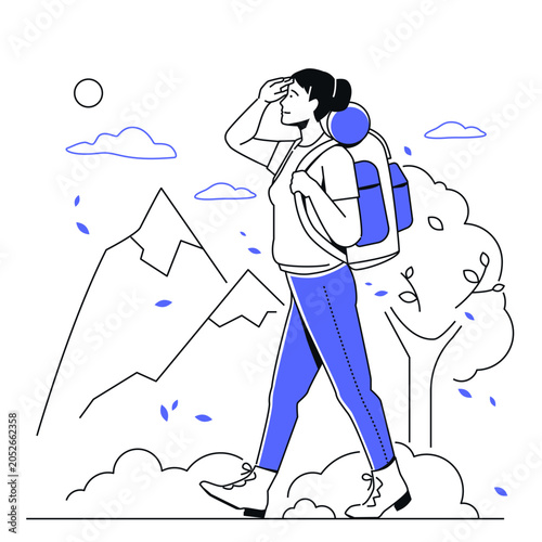 Mountain Hiking Journey - Line Design Illustration