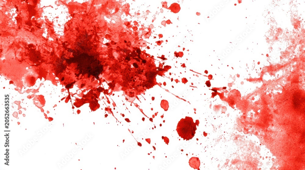 Fototapeta premium Vibrant red paint splatter and ink stain texture on white