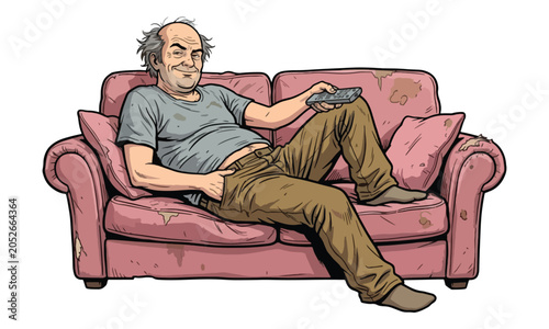 Bild auf Leinwand Couch potato man relaxing on worn sofa with remote control