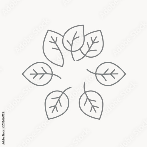 Minimalist vector graphic of stylized leaves forming a circular pattern, symbolizing nature, growth, and eco-friendliness, ideal for modern digital branding and clean design