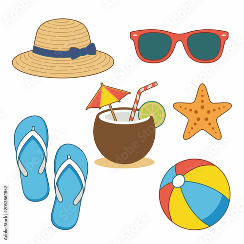 Summer vacation essentials vector set hat, sunglasses, flip-flops, coconut drink, starfish, and beach ball, perfect for holiday travel and beach themes