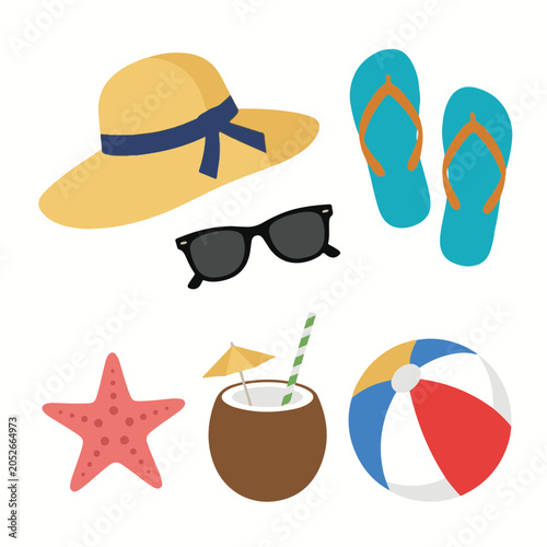 Colorful vector set of summer beach essentials straw hat, sunglasses, flip-flops, refreshing coconut drink, beach ball, and starfish. Ideal for tropical vacations