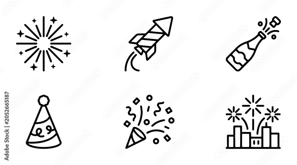 Fototapeta premium Celebration Icons: Fireworks, Rocket, Champagne Bottle, Party Hat, Confetti Popper, City Fireworks Set