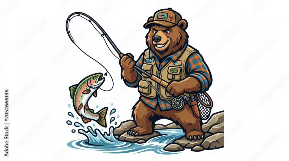 Obraz premium Cartoon Trout Fishing Expert Standing in River with Big Catch