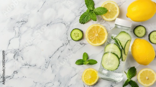 A crystal clear bottle containing cucumber and lemon infused water surrounded by fresh lemon slices and mint sprigs on a bright marble countertop ideal for wellness and refreshment