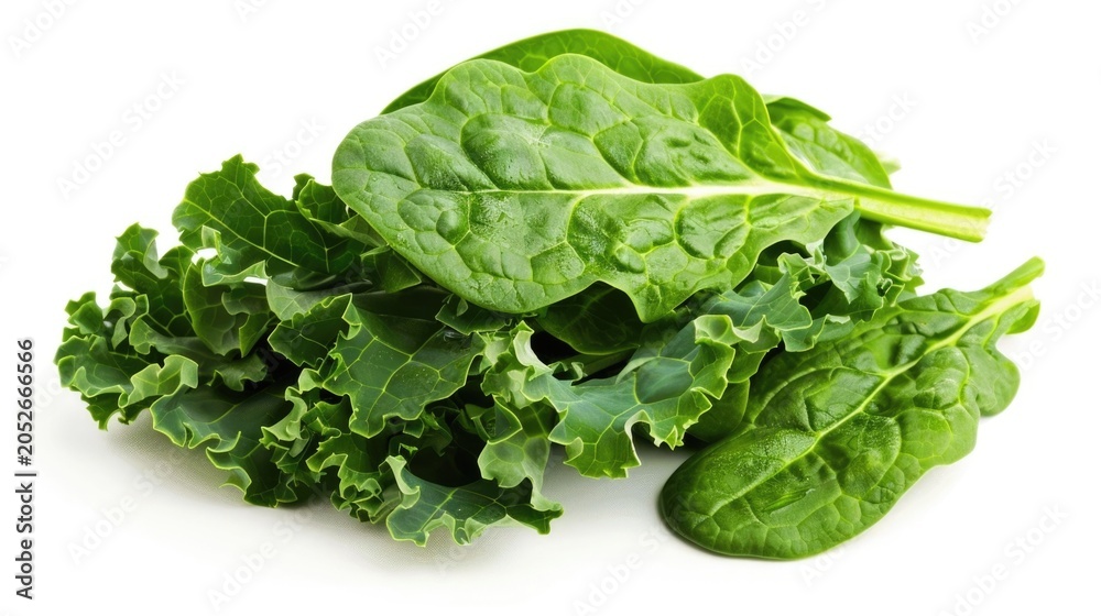 Fototapeta premium A vibrant bunch of fresh raw kale and spinach leaves showcasing their textures and natural green color isolated on a seamless white background for a healthy food concept