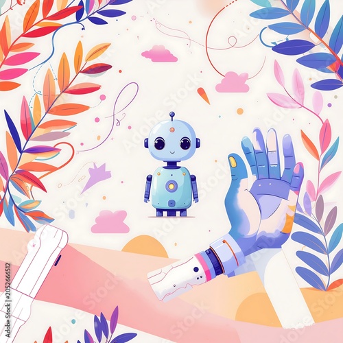 Robot and human hand with colorful floral background.