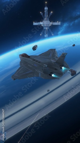 Spacecraft and space station orbiting Earth.