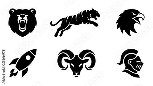 Photography 6 Silhouette Icons of Animals, Rocket, and Knight Helmet, for Branding and Desig