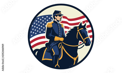 Fotografía Civil War General on Horse with American Flag Badge