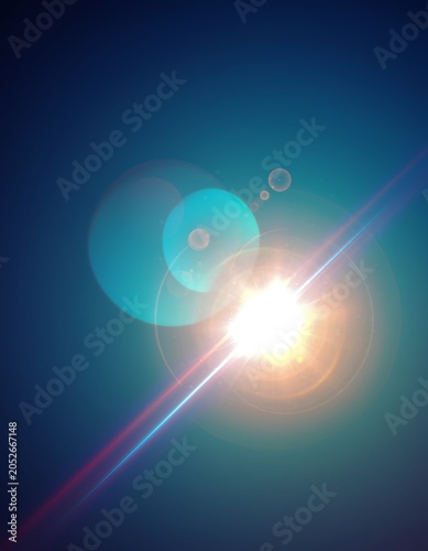Sunlight Flare in Dark Sky with Bright Light Rays.