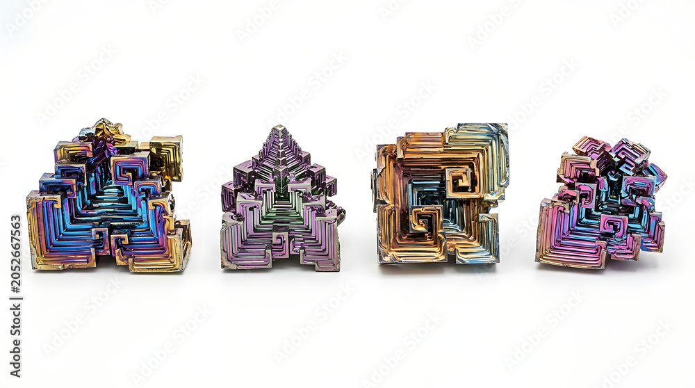 Naklejka premium Four Vibrant Iridescent Bismuth Crystal Structures Isolated on a Clean White Background