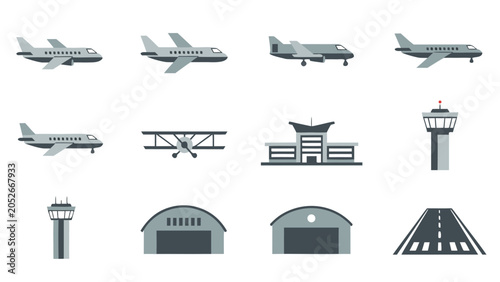 Collection of flat design airport icons including airplanes, hangars, and control tower