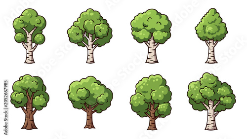 Collection of eight stylized cartoon trees with lush green foliage and distinct trunks