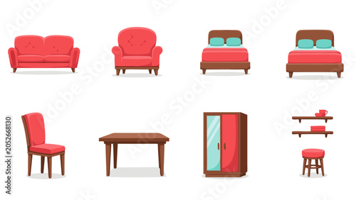 Collection of cartoon furniture items in red and brown colors on a white background