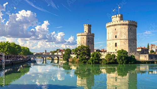 Stunning waterside view showcases medieval stone towers. The structures are mirrored in the still water below a bright blue, cloud-filled sky