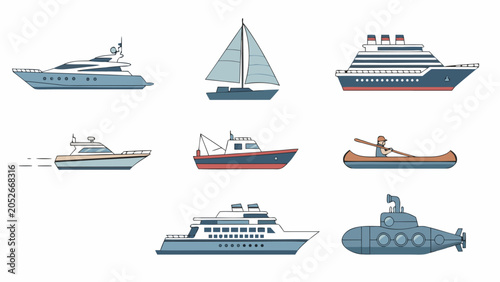 Collection of diverse watercraft illustrations on a white background