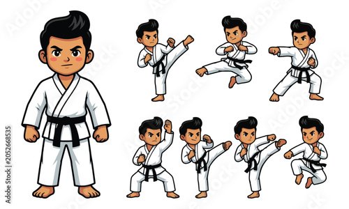Photos Karate Boy Character Mascot Set in Martial Arts Poses