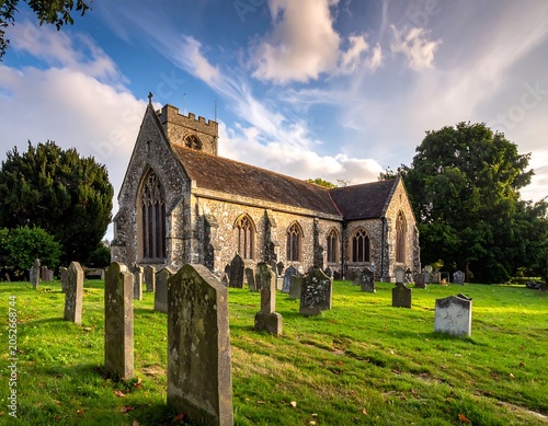 A historic stone church with a brown roof stands amidst a serene cemetery