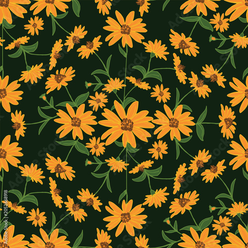 This seamless pattern features flowers reminiscent of rudbeckia or Mexican sunflower. The design is suitable for use on textiles, wallpaper, or packaging.