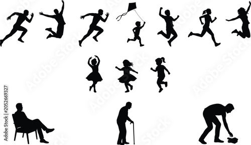 Foto Comprehensive family life cycle silhouettes set with running athletes jumping ki