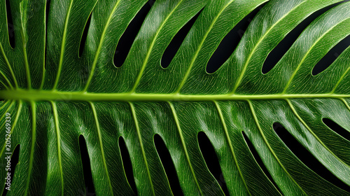 Close-up of vibrant green monstera leaf with detailed venation and natural texture in natural light
