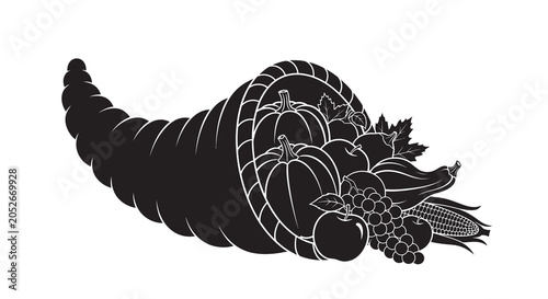 Cornucopia Silhouette With Fruits And Vegetables On White Background