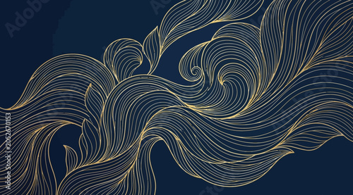 Fotografie Abstract flowing golden hair strands on dark blue background