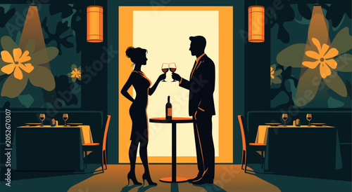 Bild auf Leinwand Silhouettes of a couple toasting with wine glasses in a dimly lit, elegant restaurant setting, celebrating a special occasion