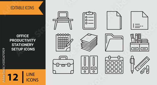Office Productivity Stationery Setup Outline Icons for Efficient Workflows