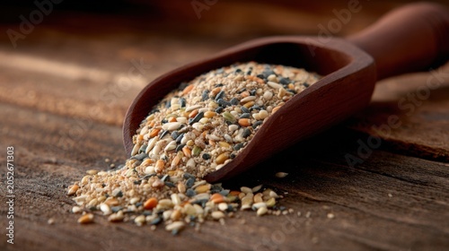 A wooden scoop filled with various seeds rests on a rustic wooden surface, showcasing texture