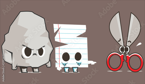 Photos Funny rock paper scissors cartoon characters, cute hand game mascot vector illus